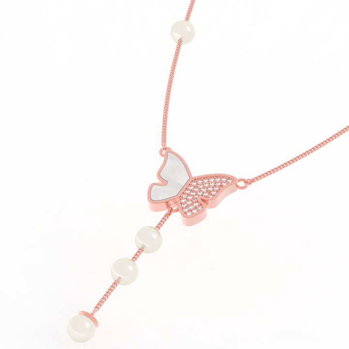 Adorable Butterfly Pearl Y Shape Necklace, Hallmarked 925 Sterling Silver