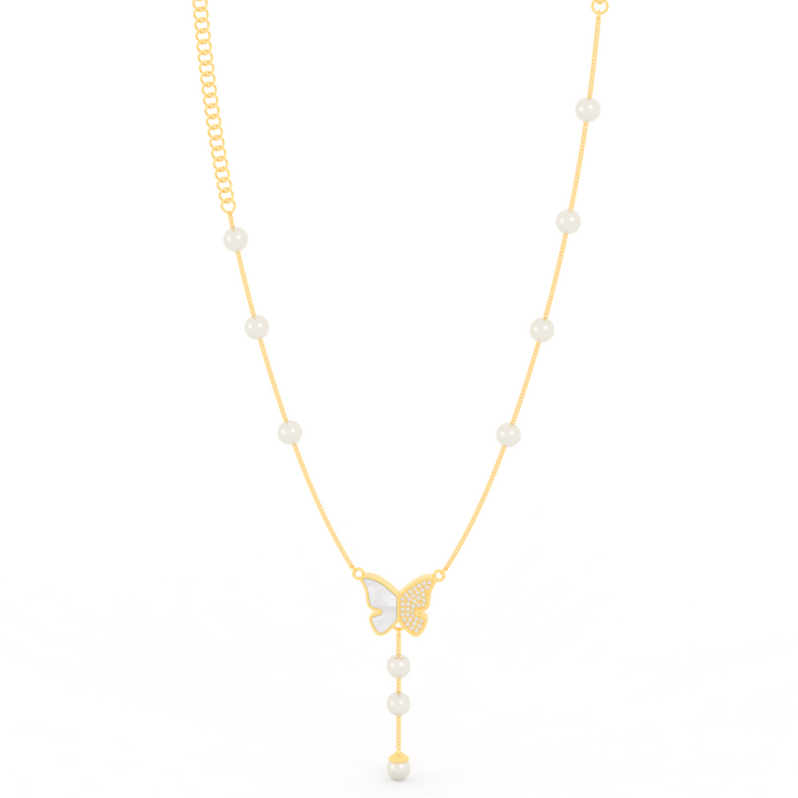 Adorable Butterfly Pearl Y Shape Necklace, Hallmarked 925 Sterling Silver