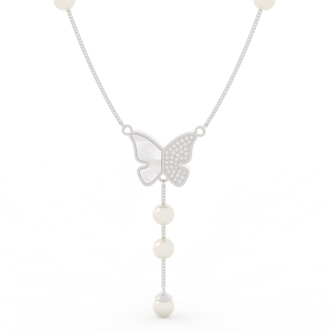 Adorable Butterfly Pearl Y Shape Necklace, Hallmarked 925 Sterling Silver