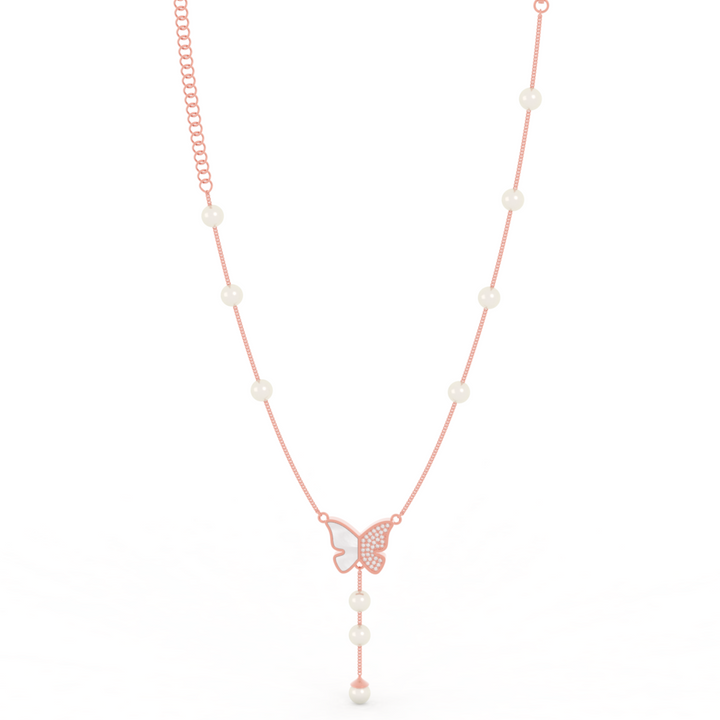 Adorable Butterfly Pearl Y Shape Necklace, Hallmarked 925 Sterling Silver