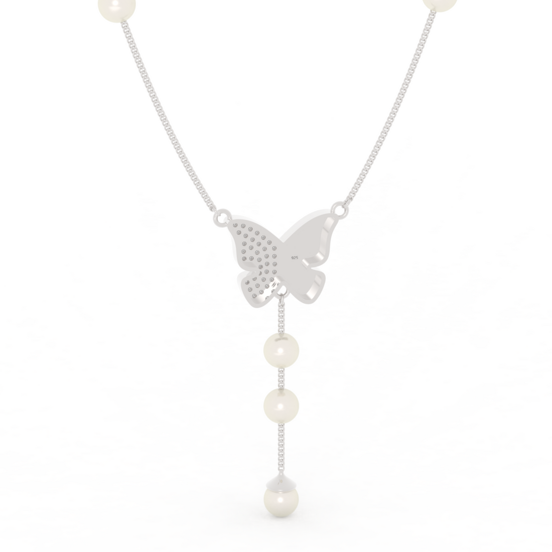 Adorable Butterfly Pearl Y Shape Necklace, Hallmarked 925 Sterling Silver