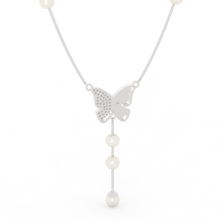 Adorable Butterfly Pearl Y Shape Necklace, Hallmarked 925 Sterling Silver