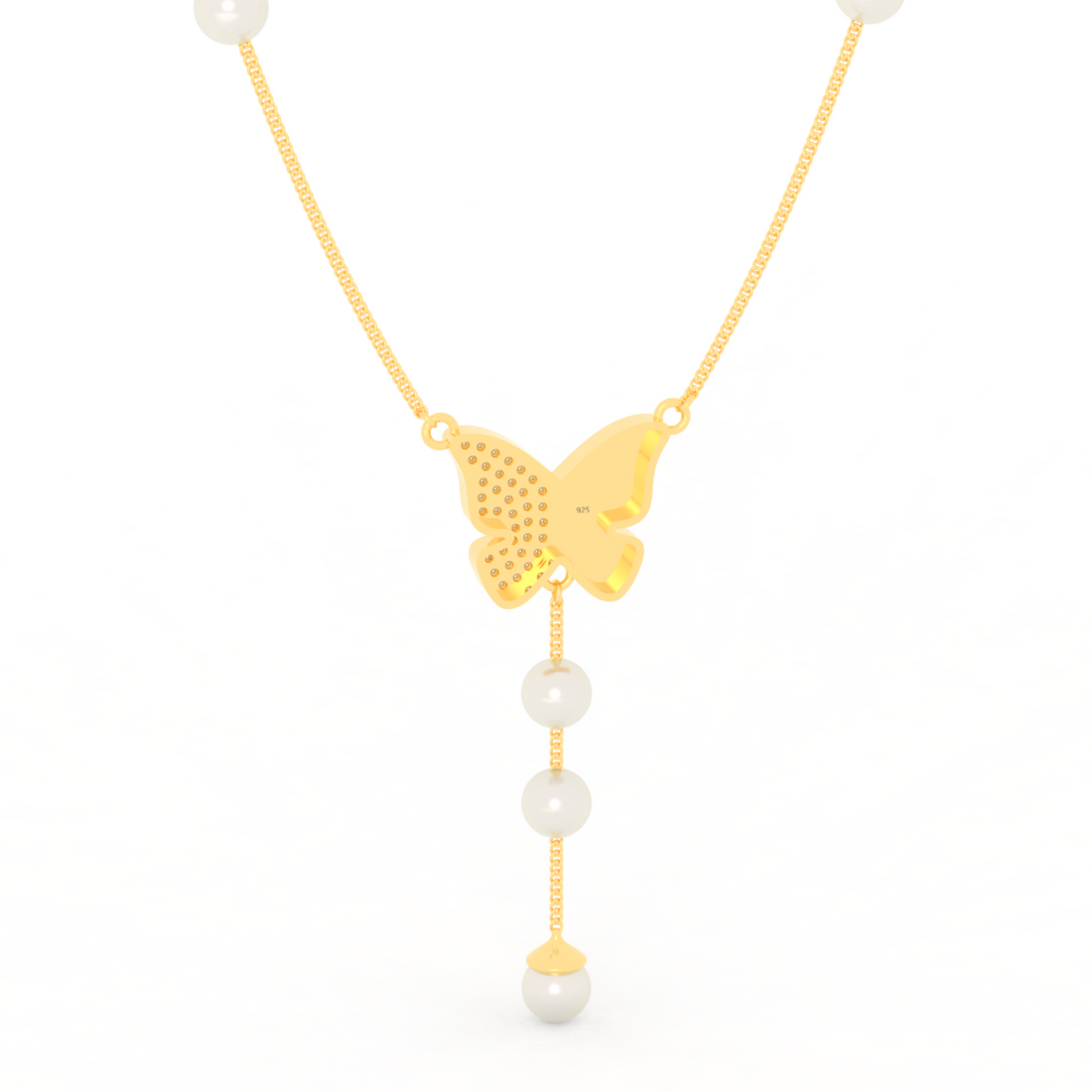 Adorable Butterfly Pearl Y Shape Necklace, Hallmarked 925 Sterling Silver