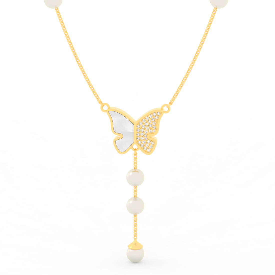 Adorable Butterfly Pearl Y Shape Necklace, Hallmarked 925 Sterling Silver