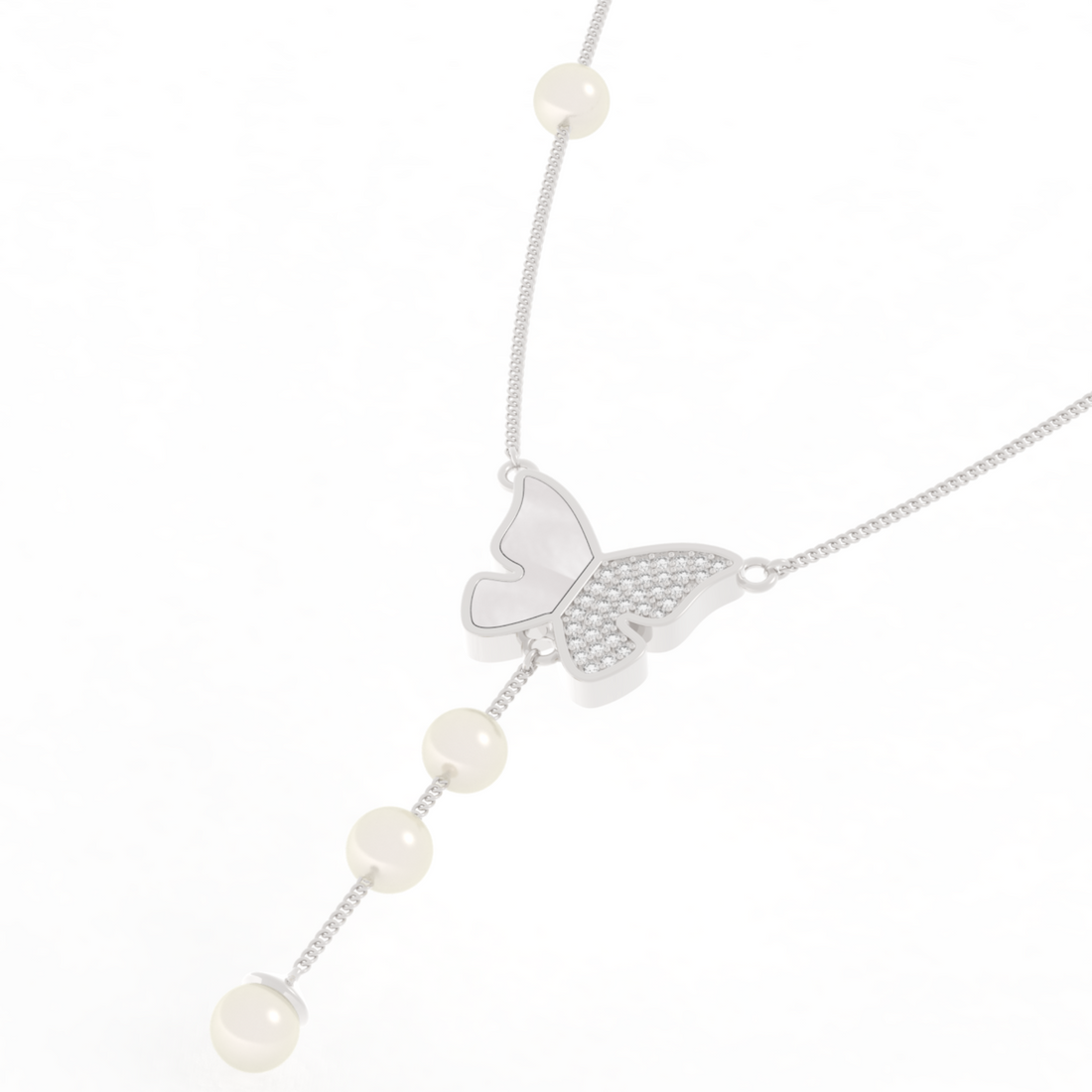 Adorable Butterfly Pearl Y Shape Necklace, Hallmarked 925 Sterling Silver
