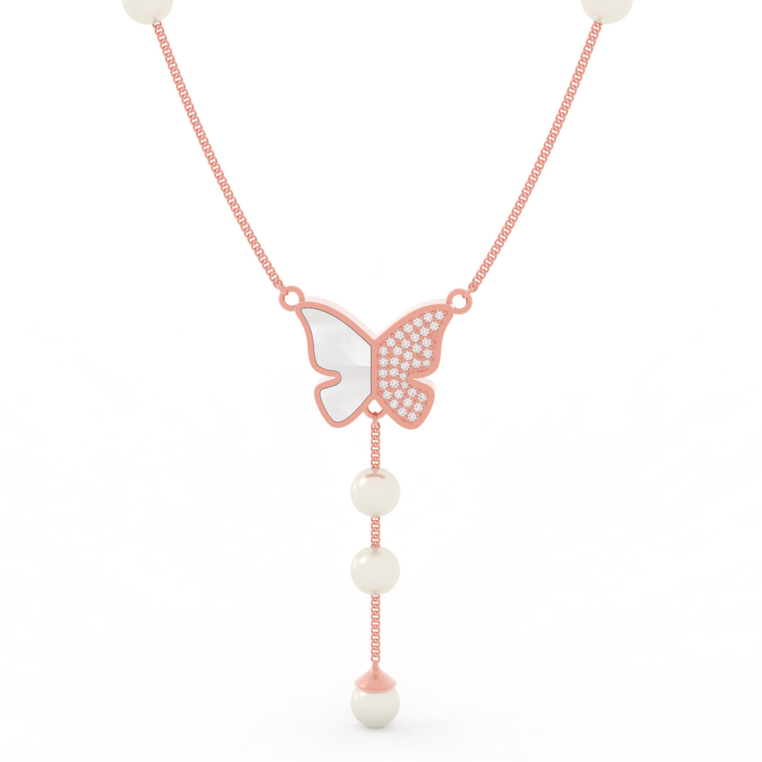 Adorable Butterfly Pearl Y Shape Necklace, Hallmarked 925 Sterling Silver