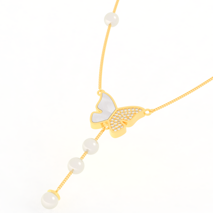 Adorable Butterfly Pearl Y Shape Necklace, Hallmarked 925 Sterling Silver