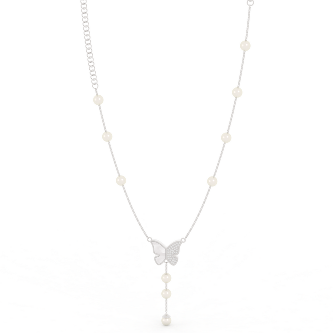 Adorable Butterfly Pearl Y Shape Necklace, Hallmarked 925 Sterling Silver