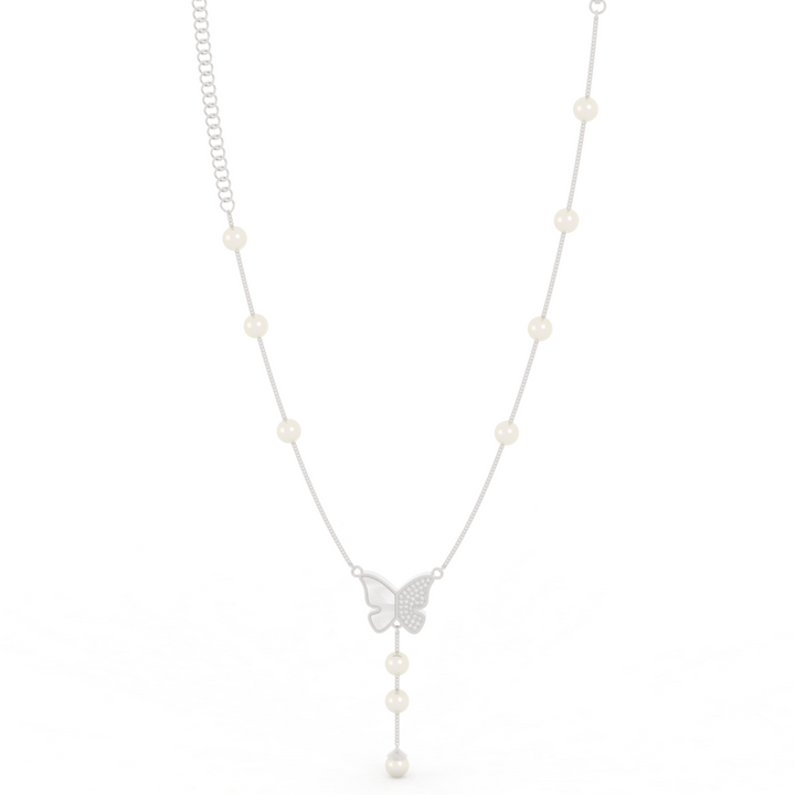 Adorable Butterfly Pearl Y Shape Necklace, Hallmarked 925 Sterling Silver