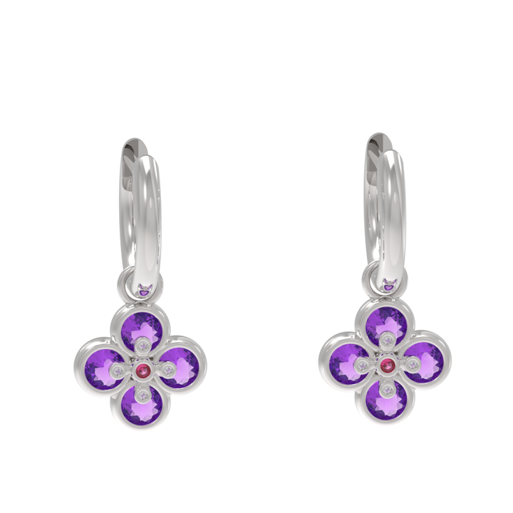 Amethyst Clover Leaf Dangle Earrings, Hallmarked 925 Sterling Silver