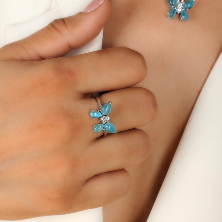 Aquamarine Butterfly Fashion Ring – Hallmarked 925 Sterling Silver White Gold Plated | Elegant & Stylish Jewelry