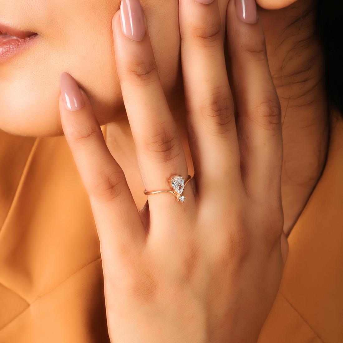 Asymmetric Pear Chevron Engagement Ring – Hallmarked 925 Sterling Silver Yellow Gold Plated | Unique & Elegant Jewelry