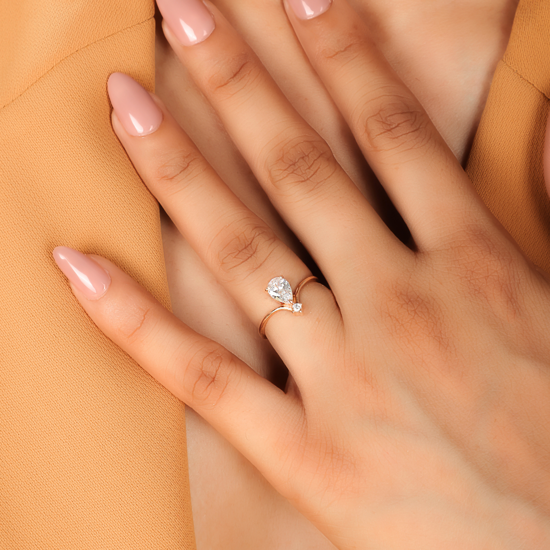 Asymmetric Pear Chevron Engagement Ring – Hallmarked 925 Sterling Silver Yellow Gold Plated | Unique & Elegant Jewelry