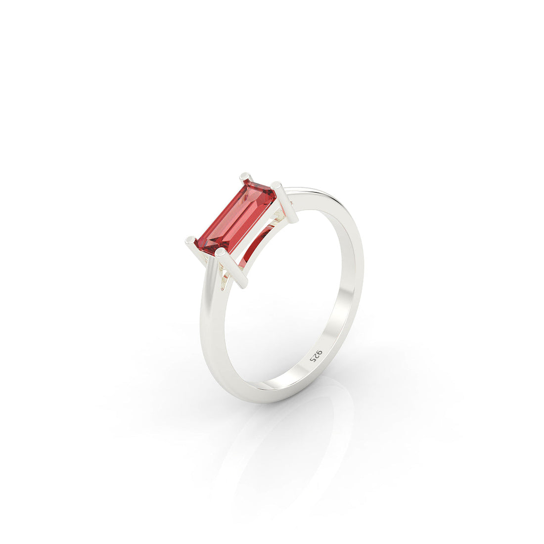 Baguette Cut Garnet Solitaire Ring, Hallmarked 925 Sterling Silver