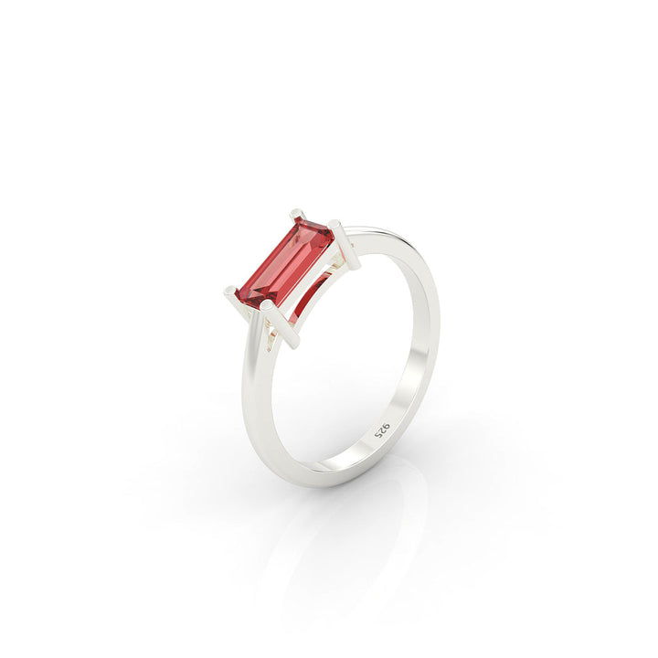 Baguette Cut Garnet Solitaire Ring, Hallmarked 925 Sterling Silver