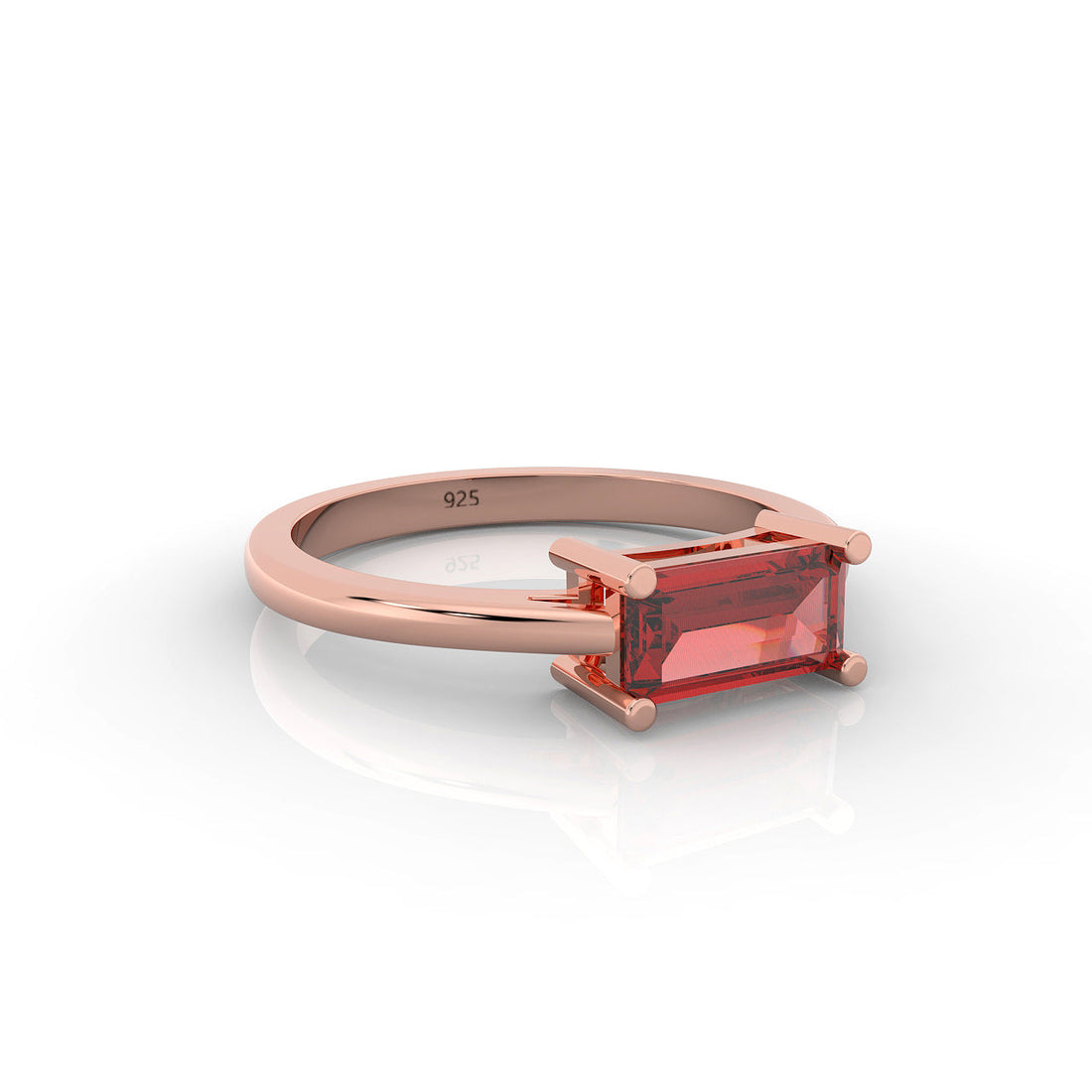 Baguette Cut Garnet Solitaire Ring, Hallmarked 925 Sterling Silver