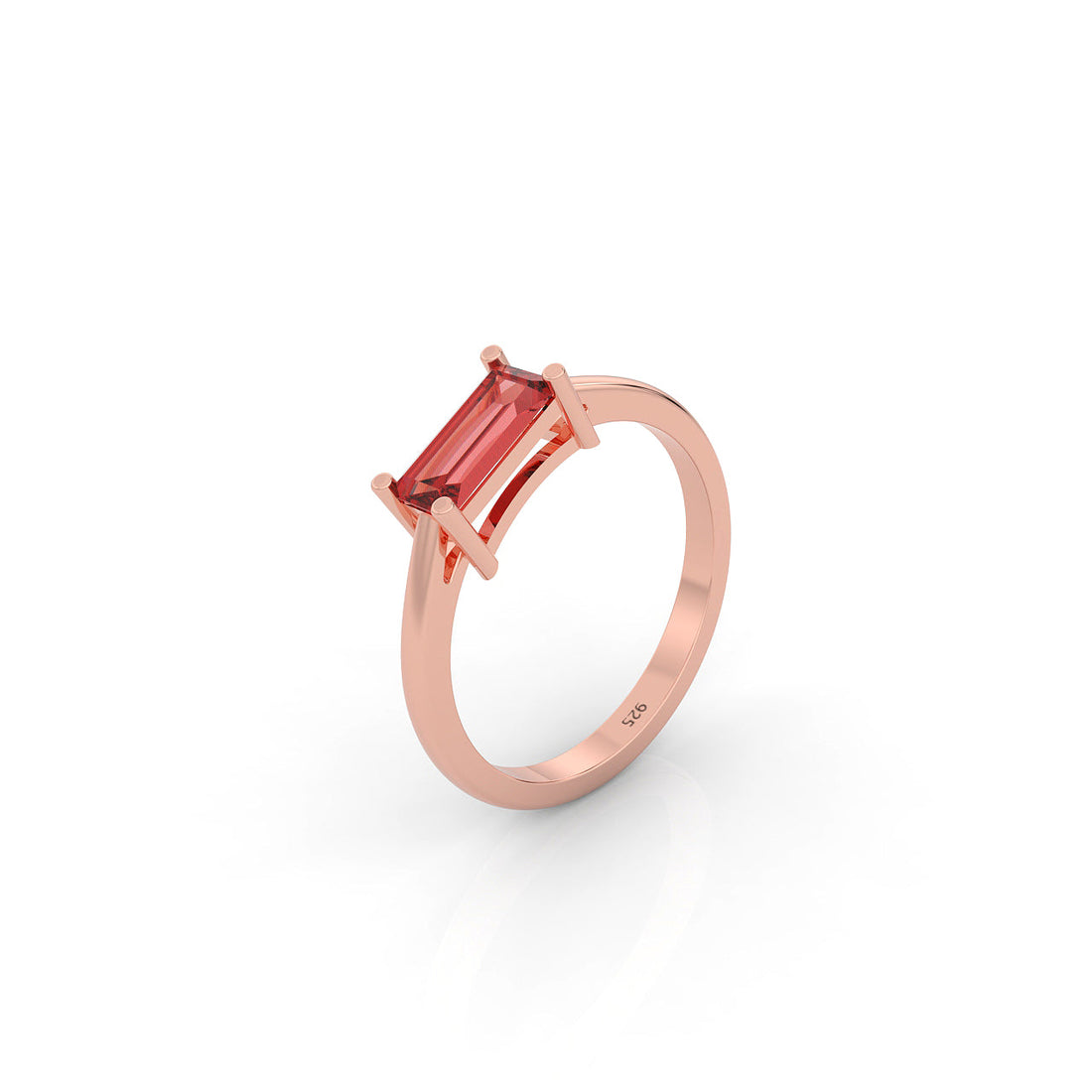 Baguette Cut Garnet Solitaire Ring, Hallmarked 925 Sterling Silver