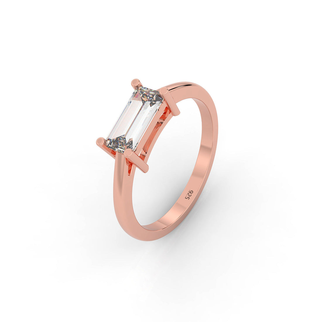 Baguette Cut Solitaire Ring, Hallmarked 925 Sterling Silver
