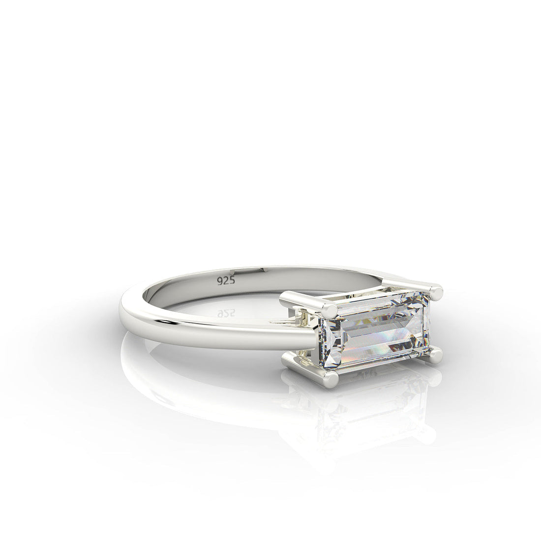 Baguette Cut Solitaire Ring, Hallmarked 925 Sterling Silver