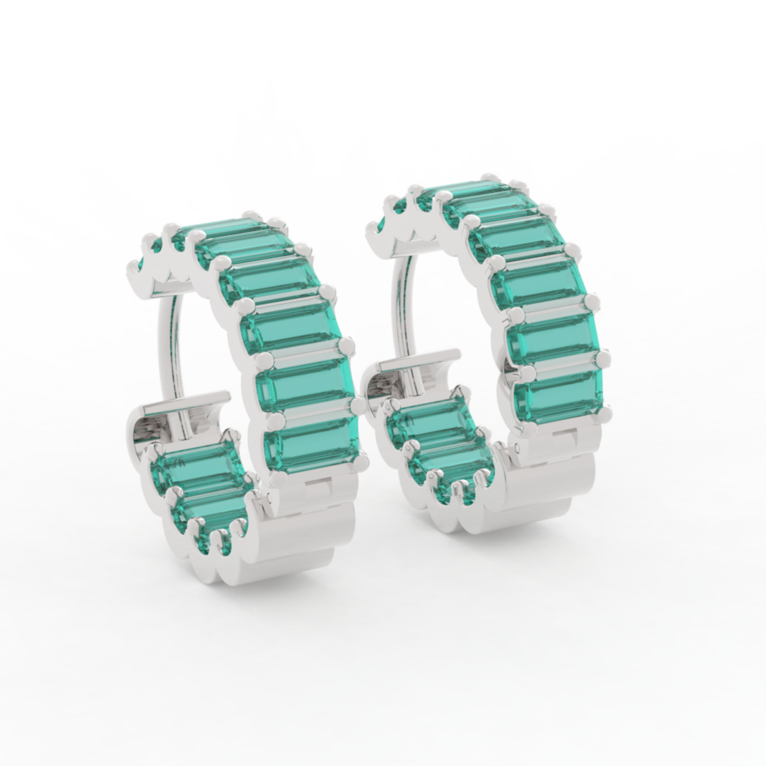 Baguette Emerald C-Hoop Earrings, Hallmarked 925 Sterling Silver