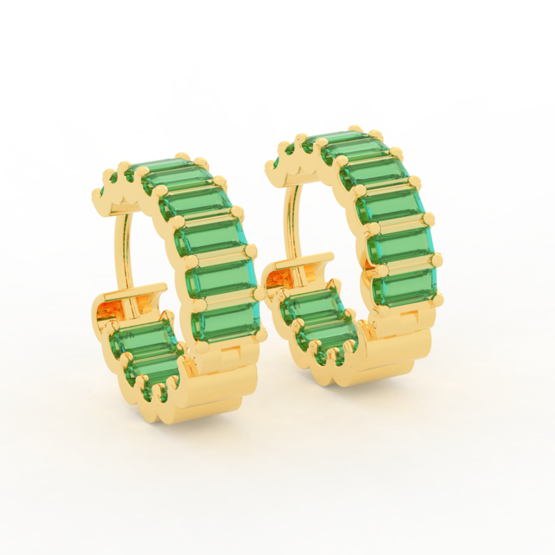 Baguette Emerald C-Hoop Earrings, Hallmarked 925 Sterling Silver