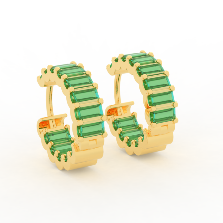 Baguette Emerald C-Hoop Earrings, Hallmarked 925 Sterling Silver