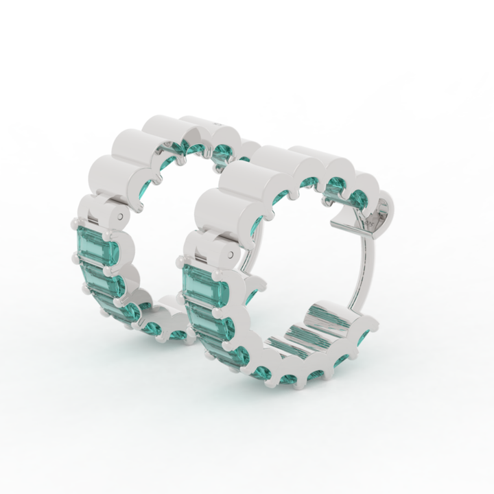 Baguette Emerald C-Hoop Earrings, Hallmarked 925 Sterling Silver