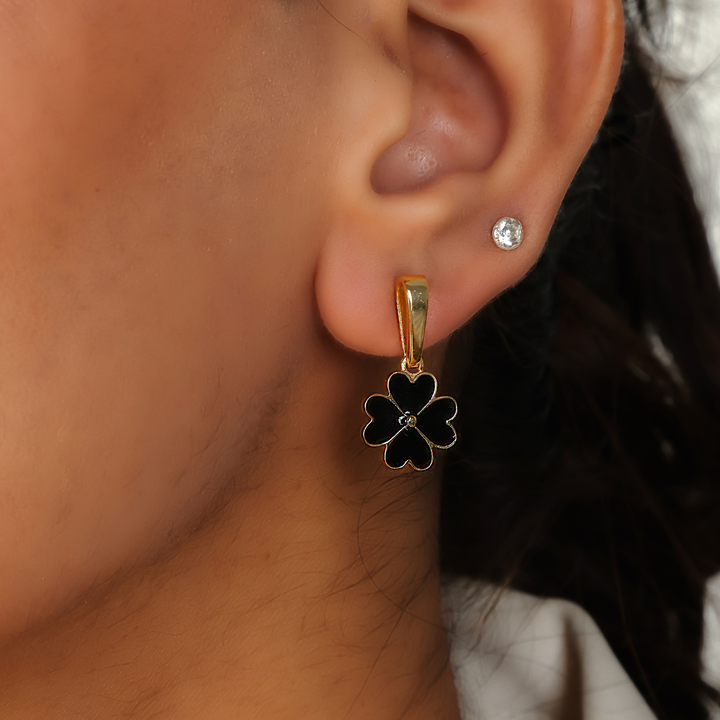 Black Enameling Flower Drop Earrings For Her, Hallmarked 925 Sterling Silver