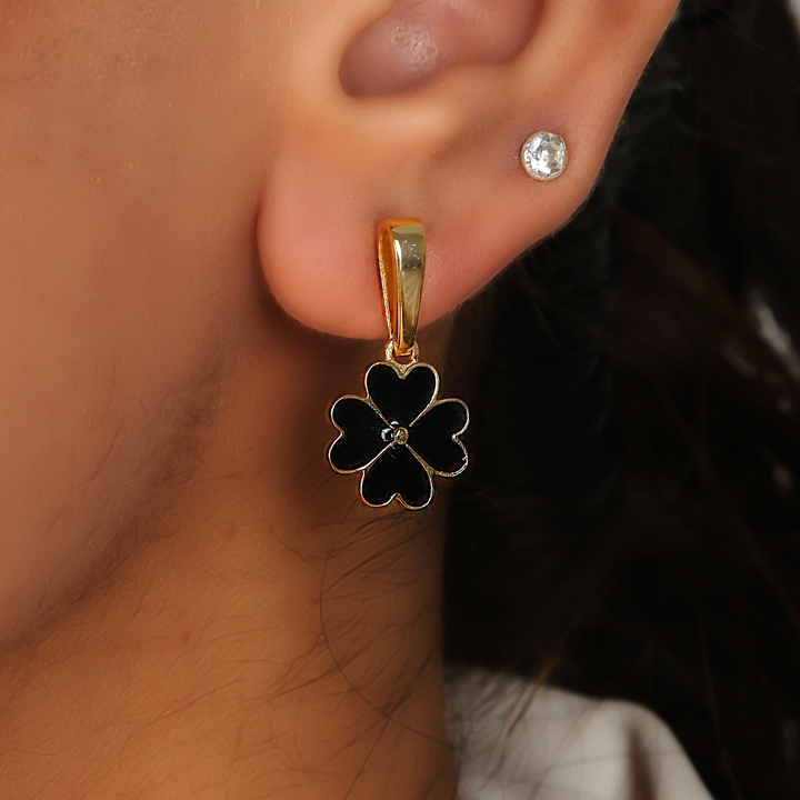 Black Enameling Flower Drop Earrings For Her, Hallmarked 925 Sterling Silver