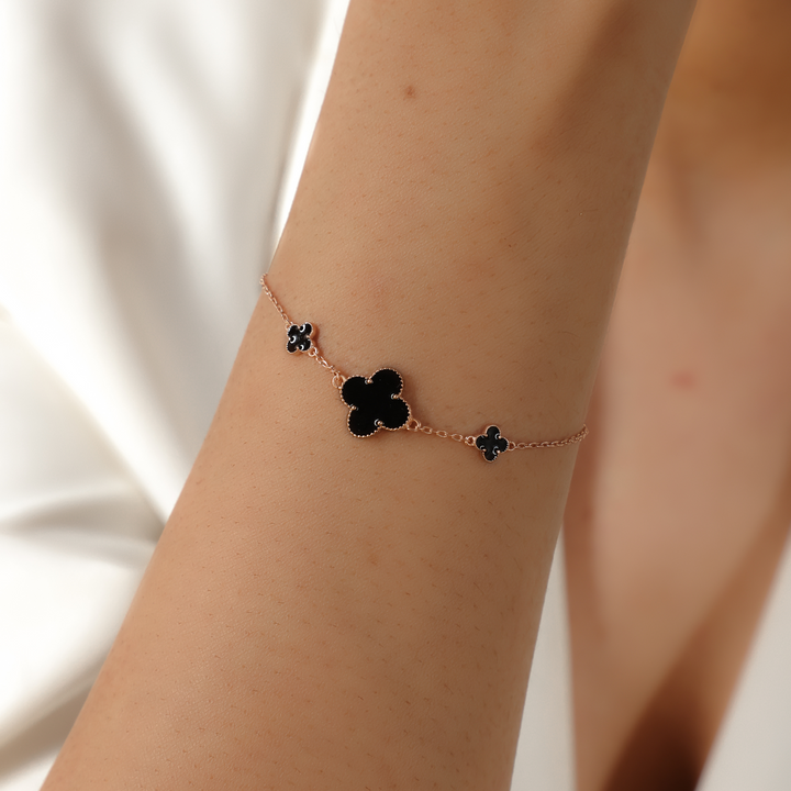 Black Onyx Clover Leaf Chain Bracelet For Her, Hallmarked 925 Sterling Silver