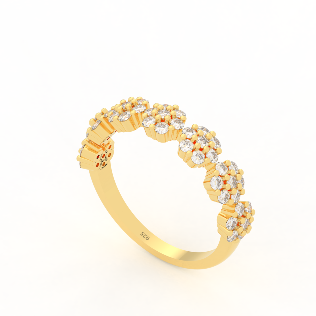 Bloom Cluster Half Wedding Band, Hallmarked 925 Sterling Silver