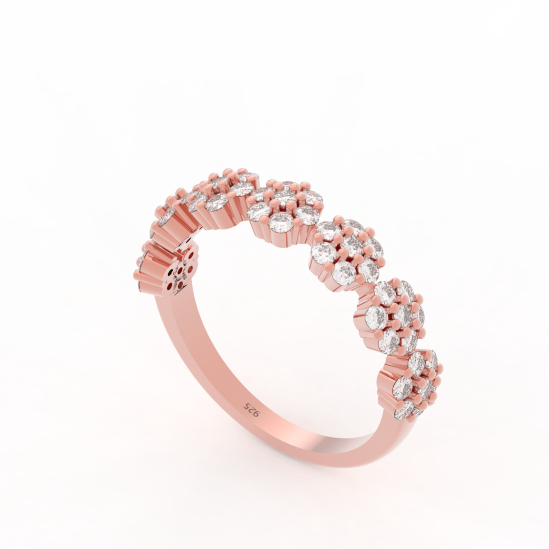 Bloom Cluster Half Wedding Band, Hallmarked 925 Sterling Silver