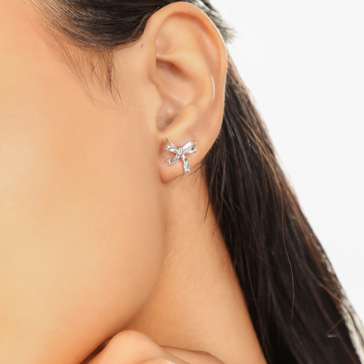 Bow Shape Stud Earrings For Women, Hallmarked 925 Sterling Silver