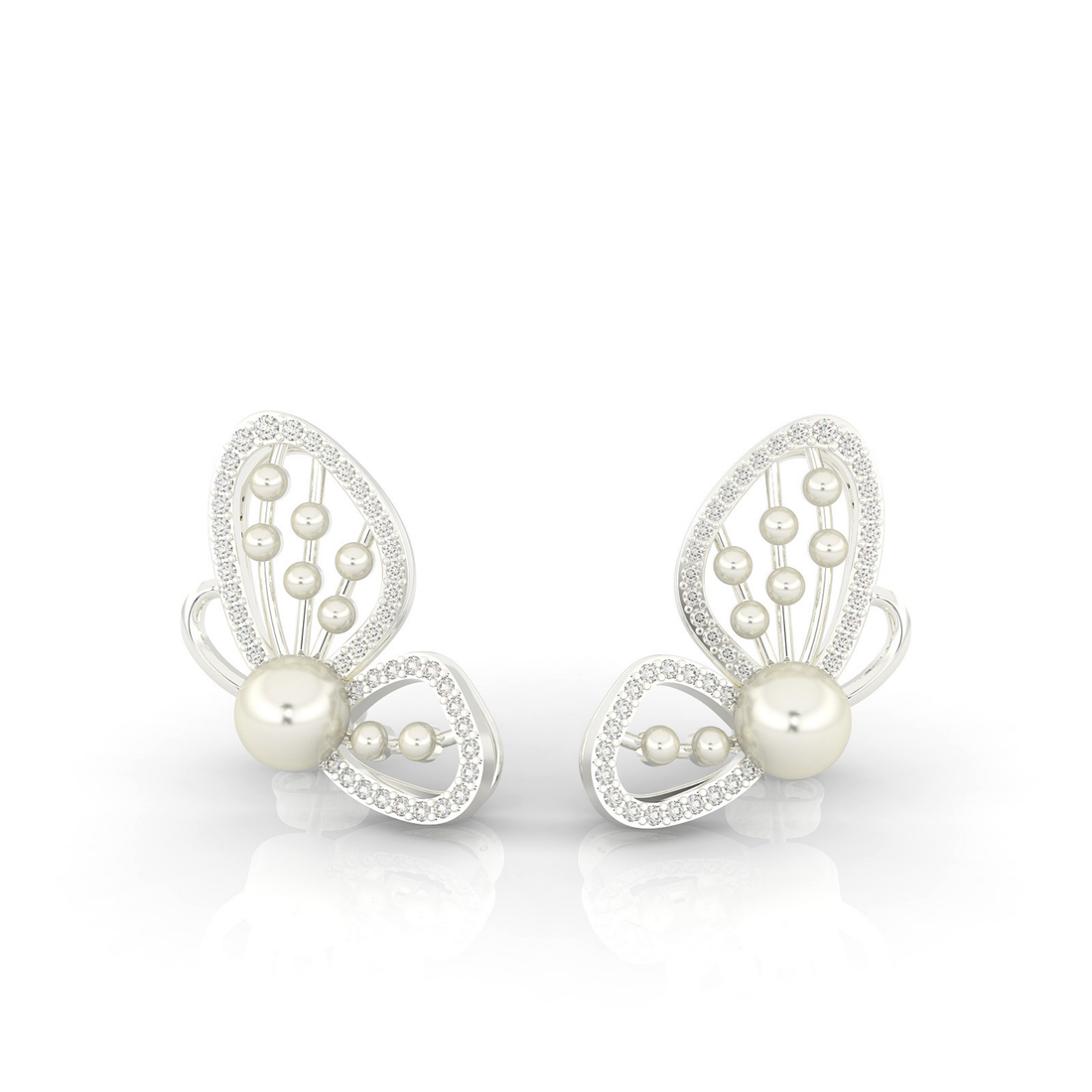 Butterfly Pearl Modern Stud Earrings For Wedding, Hallmarked 925 Sterling Silver