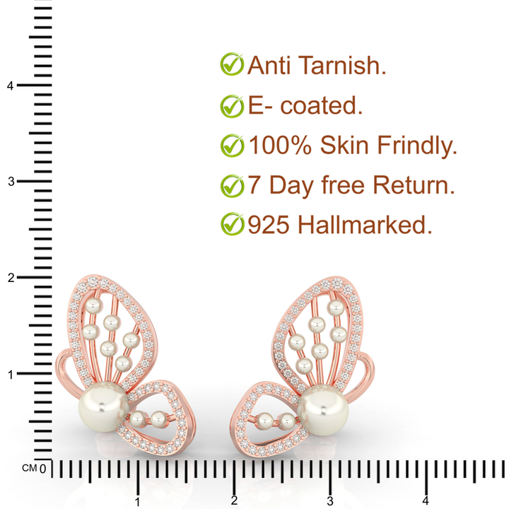 Butterfly Pearl Modern Stud Earrings For Wedding, Hallmarked 925 Sterling Silver