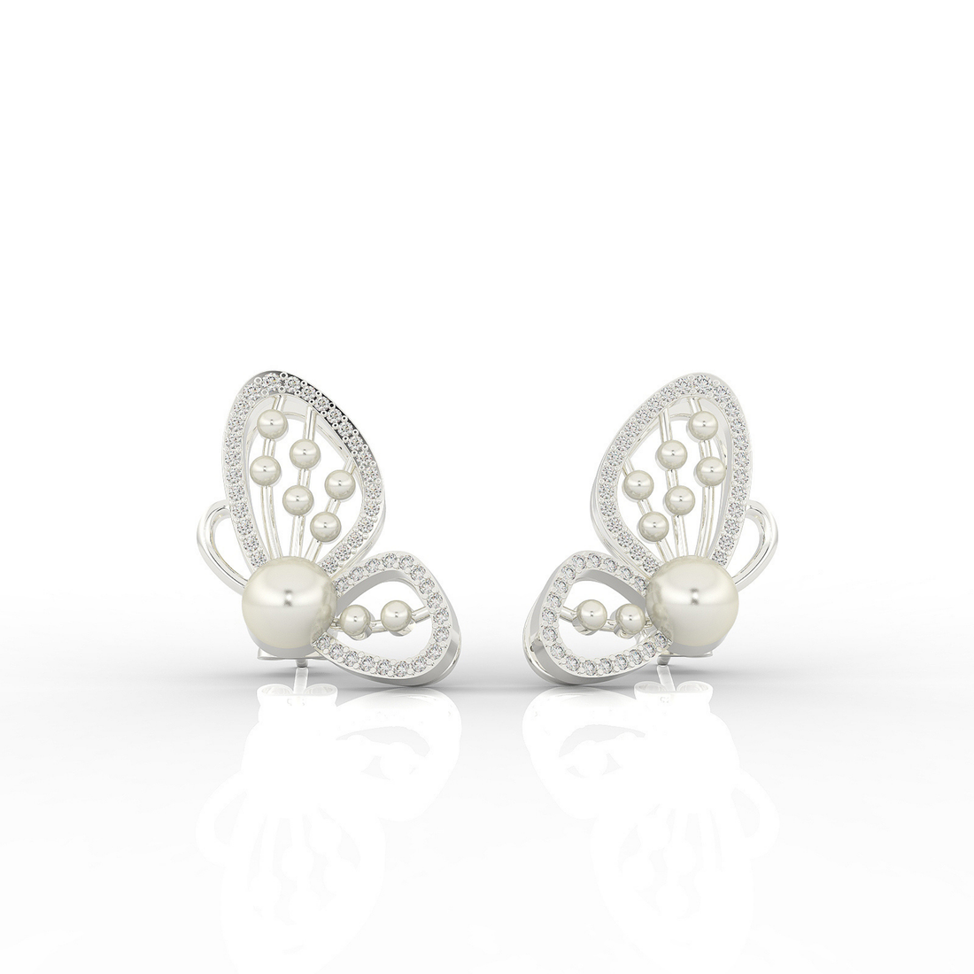 Butterfly Pearl Modern Stud Earrings For Wedding, Hallmarked 925 Sterling Silver