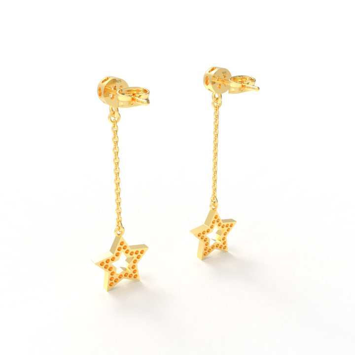 CZ Star Moon Celestial Dangle Chain Earrings, Hallmarked 925 Sterling Silver