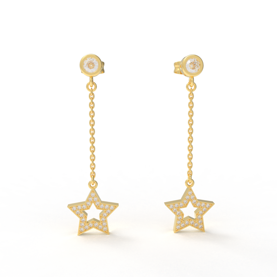 CZ Star Moon Celestial Dangle Chain Earrings, Hallmarked 925 Sterling Silver