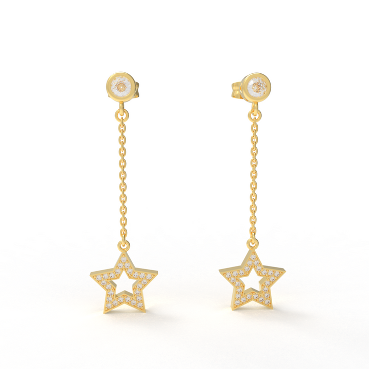 CZ Star Moon Celestial Dangle Chain Earrings, Hallmarked 925 Sterling Silver