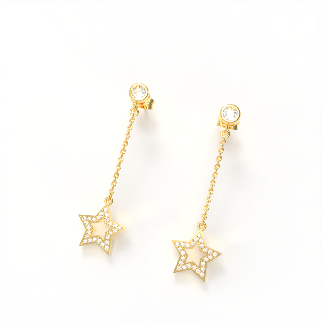 CZ Star Moon Celestial Dangle Chain Earrings, Hallmarked 925 Sterling Silver