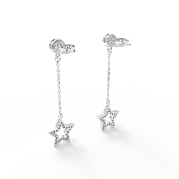 CZ Star Moon Celestial Dangle Chain Earrings, Hallmarked 925 Sterling Silver