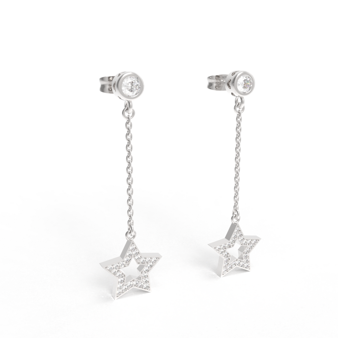 CZ Star Moon Celestial Dangle Chain Earrings, Hallmarked 925 Sterling Silver