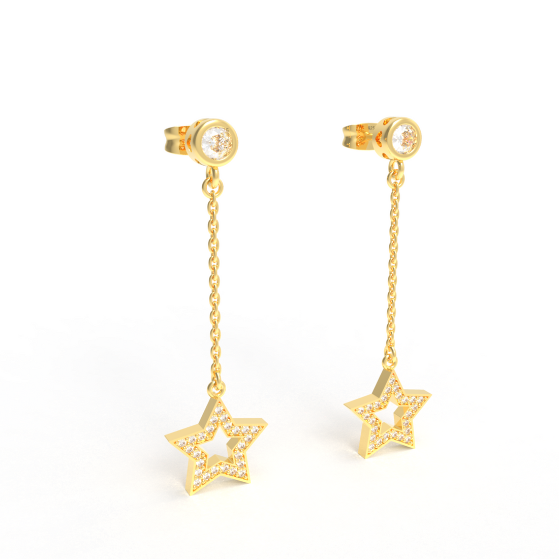 CZ Star Moon Celestial Dangle Chain Earrings, Hallmarked 925 Sterling Silver