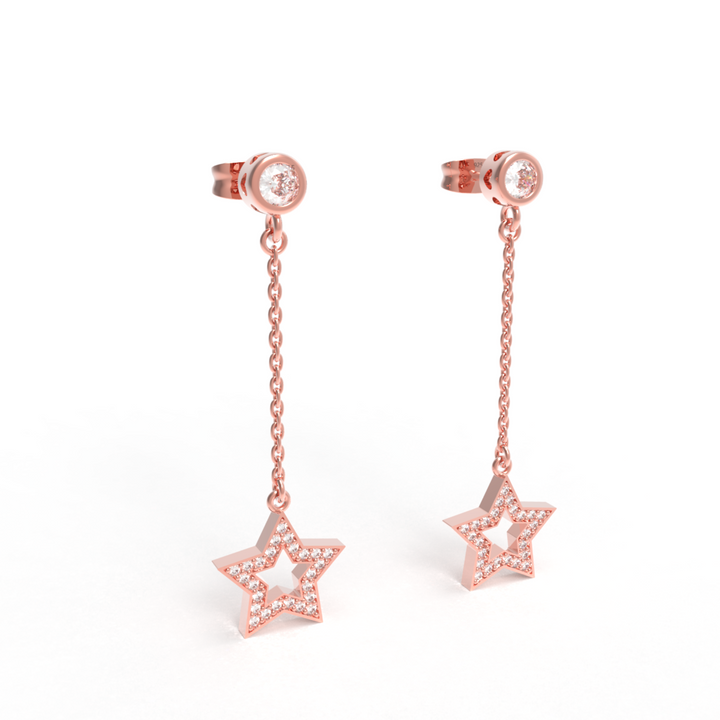 CZ Star Moon Celestial Dangle Chain Earrings, Hallmarked 925 Sterling Silver