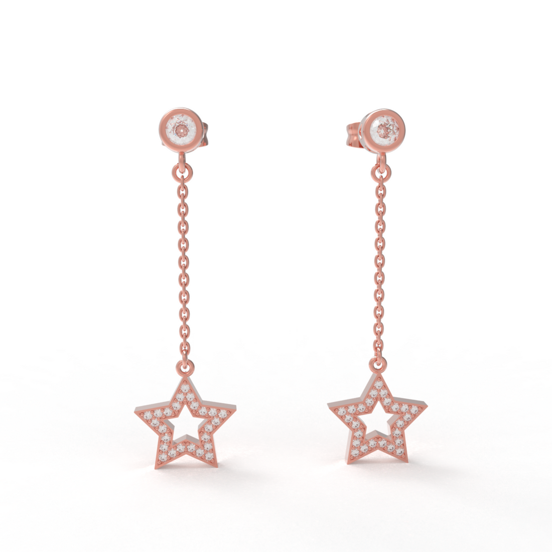 CZ Star Moon Celestial Dangle Chain Earrings, Hallmarked 925 Sterling Silver