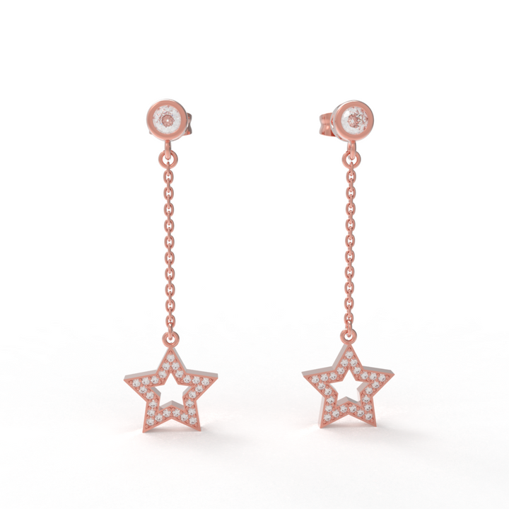 CZ Star Moon Celestial Dangle Chain Earrings, Hallmarked 925 Sterling Silver