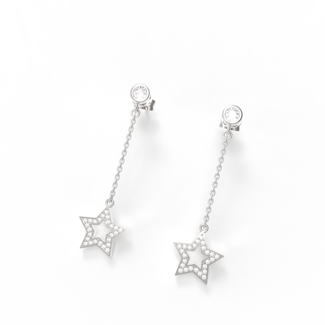 CZ Star Moon Celestial Dangle Chain Earrings, Hallmarked 925 Sterling Silver