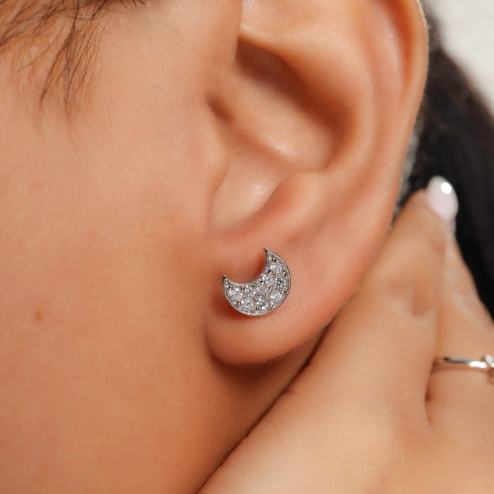 Celestial Cute Half Moon Pave Stud Earrings, Hallmarked 925 Sterling Silver