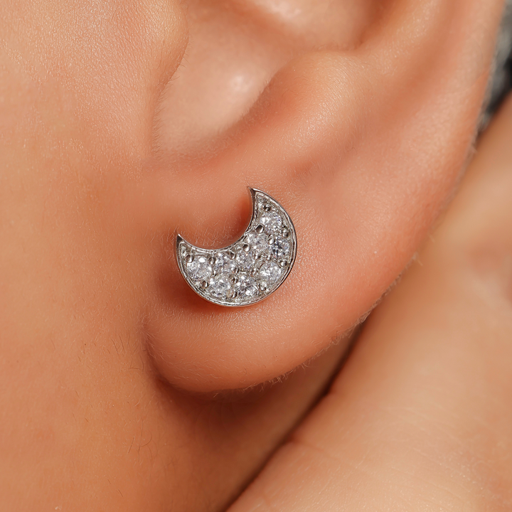 Celestial Cute Half Moon Pave Stud Earrings, Hallmarked 925 Sterling Silver