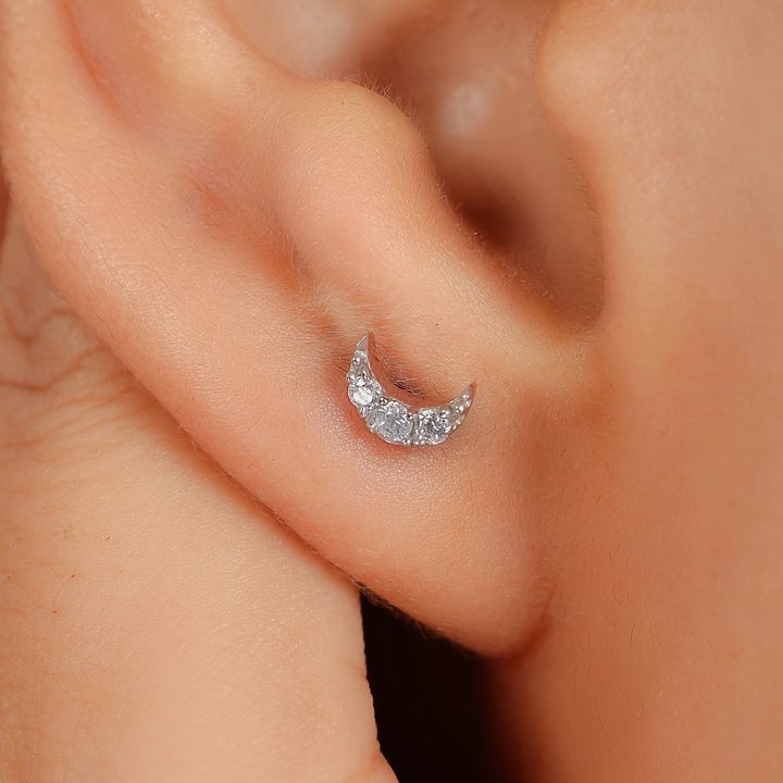 Celestial Half Moon Tiny Stud Earrings, Hallmarked 925 Sterling Silver